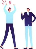 Office worker raising arms and shouting with a red lightning over the head while arguing with a calm colleague gesturing with hand in a business conflict or fight vector