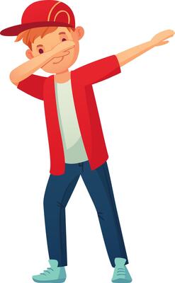 Cartoon illustration of a young person wearing casual clothes with a red cap, a red open jacket, a white t shirt, blue pants and light blue shoes, dabbing with his arm extended