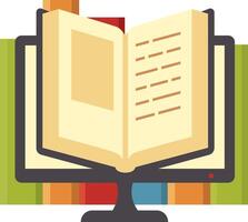 Open book resting on a computer monitor, surrounded by colorful books in the background, illustrating the concepts of online education and e learning in a modern digital landscape vector