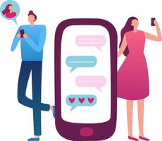 Man and woman engaging in online dating, exchanging romantic text messages filled with hearts on a large smartphone screen, illustrating modern communication and connection vector