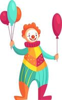 Colorful clown holding balloons, smiling and entertaining audience at a circus, creating a cheerful and festive atmosphere with vibrant colors and playful energy vector