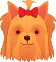 Yorkshire terrier sporting a vibrant red bow on its head, smiling joyfully, creating an irresistibly heartwarming and charming scene filled with cuteness and happiness vector