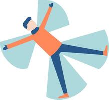 Young man lying on the ground in winter clothes, joyfully creating a snow angel by moving his arms and legs up and down on a fresh blanket of snow, embracing the fun of winter vector
