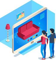 Young couple engaging with an augmented reality app on a tablet. Selecting the perfect sofa color. Visualizing options in their living room. And enjoying the convenience of online furniture shopping vector