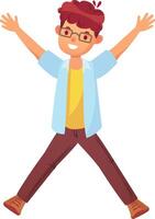 Cheerful student with glasses is jumping with open arms and legs apart, expressing joy and excitement, celebrating academic success or enjoying free time vector