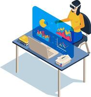 Businesswoman sitting at desk and wearing virtual reality headset analyzing financial charts and graphs projected on a transparent screen, isometric view vector