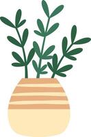 Simple illustration of a green plant with long stems and small leaves growing in a beige vase with horizontal stripes, representing home decoration and gardening concepts vector