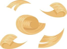 Thin shavings of light brown wood curl and twist, forming eye catching spirals and dynamic shapes against a clean white backdrop, evoking the artistry of woodworking and carpentry vector