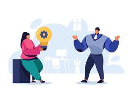 Woman presenting big lightbulb with gear to man symbolizing innovation, teamwork and strategic planning. Visual metaphors for corporate concepts. Creative collaboration. Cartoon illustration vector