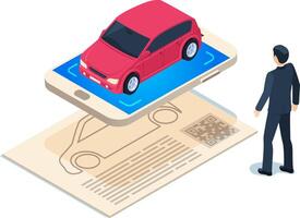 Businessman using smartphone with augmented reality app scanning qr code on document, visualizing 3d model of red car, innovative technology for automotive industry vector