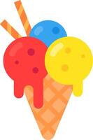 Colorful scoops of melting ice cream dripping down a waffle cone, creating a delightful summer treat adorned with crunchy wafer sticks, evoking sweetness and refreshment vector