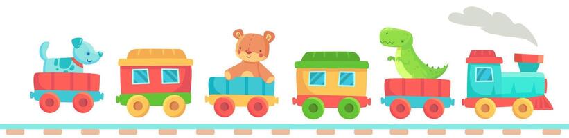 Cheerful toy train with colorful carriages carrying a dog, a teddy bear, and a dinosaur is chugging along the rails, bringing joy and imagination to playtime vector