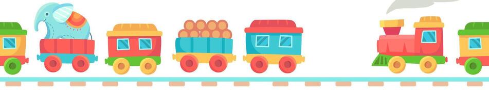 Cartoon toy train with elephant, wood logs and passenger wagons is moving on a railroad on white background, creating a playful and joyful atmosphere for kids vector