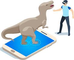 Virtual augmented reality technology user wearing vr headset interacting with 3d tyrannosaurus rex dinosaur coming out of smartphone screen, isometric view vector