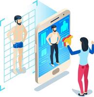 Augmented reality app scanning a man and allowing a woman to choose clothes for him, futuristic online shopping and virtual fitting room concept vector