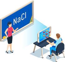 Chemistry teacher explaining NaCl molecular structure using augmented reality on smartphone during a chemistry class in an interactive and engaging way vector