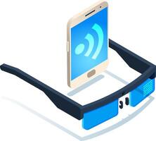 Smart glasses are connecting wirelessly with smartphone showing RSS feed symbol in isometric illustration representing augmented reality and mobile technology vector