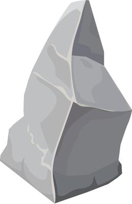 Cartoon illustration featuring a gray rock with a sharp point, standing upright against a clean white background. The design creates a simple yet captivating visual element