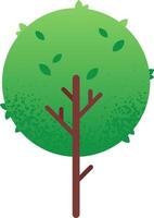 Vibrant, stylized tree with a perfectly round, lush green crown and a slender brown trunk stands against a white background, small green leaves gently falling from its branches vector