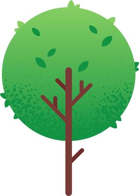 Vibrant, stylized tree with a perfectly round, lush green crown and a slender brown trunk stands against a white background, small green leaves gently falling from its branches