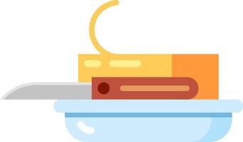 Illustration of a butter block being sliced with a knife on a plate. The image highlights culinary preparation, showcasing the simplicity of kitchen tasks and food preparation essentials vector