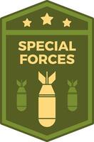 Military patch featuring special forces design with three bombs and three stars, set against a green hexagonal background adorned with striking yellow lettering vector