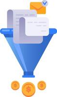 Email marketing and documents flowing into a sales funnel, generating revenue, boosting conversion rates, and enhancing lead generation for improved business success and financial growth vector