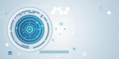 High-tech AI interface with circular digital HUD elements, futuristic dashboard graphics, and geometric tech icons on a light blue abstract background vector