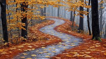 Path in the forest with autumn leaves photo