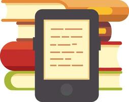 Ebook reader displaying text is placed next to a stack of colorful books, symbolizing the transition from traditional paper books to digital reading vector