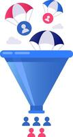Parachutes carrying user icons falling into a sales funnel, filtering leads into small groups of customers, representing customer acquisition, lead generation, and targeted marketing strategies vector