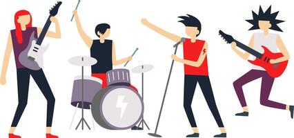 Musicians playing different instruments like electric guitar, drums and singing with microphone during a live rock concert, simple flat cartoon illustration isolated on white background vector