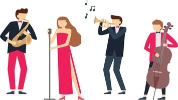 Jazz band performing during a concert with musicians playing saxophone, a female singer using a microphone, a trumpet player and a cello player vector