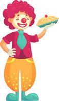 Cartoon clown wearing colorful attire, red curly hair, and a big red nose, smiling while holding a delicious pie, isolated on a white background, embodying circus fun vector