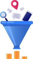 Marketing research, geolocation and mobile marketing being filtered by a sales funnel, generating increasing stacks of coins, representing increasing profits vector