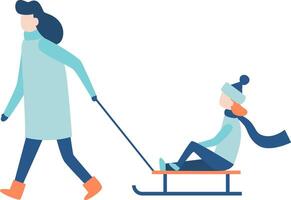 Mother pulling her child on a sled, both bundled in warm winter clothes, enjoying a joyful day in the snow while creating cherished memories outdoors vector