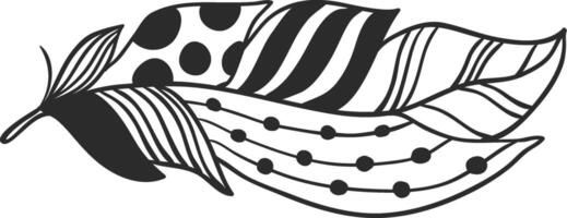Black and white illustration of a stylized feather featuring various patterns, including stripes, dots, and lines, creating an intricate and visually appealing design vector