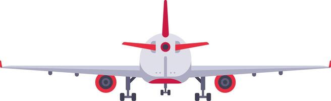 Passenger airplane featuring a striking red and gray livery waiting on the runway, preparing for takeoff or just completing a landing, captured from a rear view perspective vector