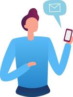 Office worker holding smartphone and receiving email notification, sending and receiving messages, online communication, email marketing, new message alert vector