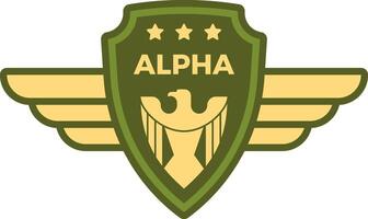 Green military badge with spread wings, eagle, three stars and alpha writing showing power and leadership, ideal for army, air force and security concepts vector