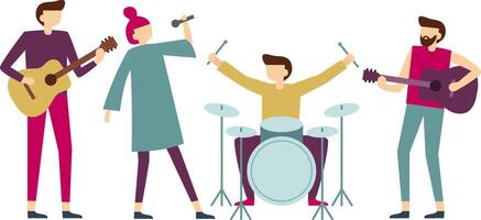 Four musicians playing together in a band, featuring two guitarists strumming their instruments, a drummer keeping the beat, and a singer delivering captivating vocals on stage vector