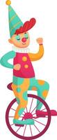 Circus clown wearing colorful costume riding unicycle raising arm during performance at entertainment show balancing on one wheel showcasing talent and skill vector