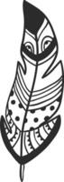 Black and white illustration featuring an intricately designed feather adorned with decorative patterns of lines, dots, and stripes, capturing a chic boho aesthetic with elegance vector