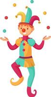 Colorful cartoon illustration of a joker juggling colorful balls, wearing a colorful jester suit and hat with bells, smiling and standing on one leg vector