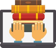 Hands taking books from laptop screen promoting online library services, ebook reader, digital bookstore, modern education and literature, easy access to knowledge vector