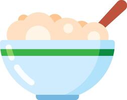 Light blue bowl featuring a green stripe, filled with steaming oatmeal porridge and a spoon resting inside, embodying the essence of healthy breakfasts and quick, nutritious meals vector