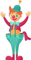 Cartoon clown wearing a vibrant costume with oversized pants, joyfully raising hands in a welcoming gesture, featuring playful makeup and a whimsical hat adorned with a flower vector