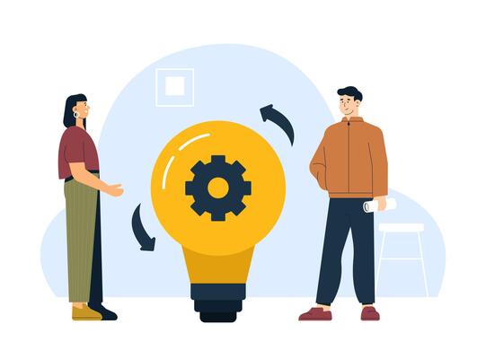 Two business people discussing innovative idea and developing solution process working together on new project. Light bulb with gear as symbol of innovation and teamwork. illustration