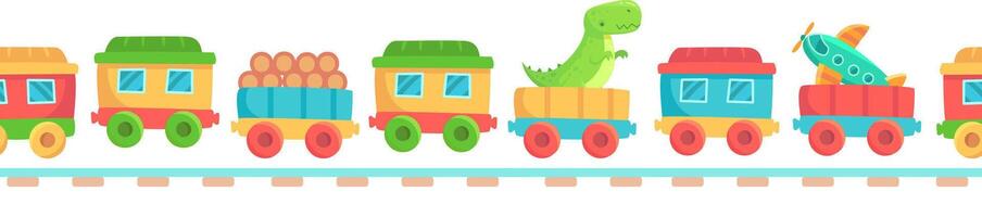 Cartoon toy train with colorful carriages carrying logs, a friendly dinosaur and a toy airplane is running on a railroad, creating a playful and joyful atmosphere vector