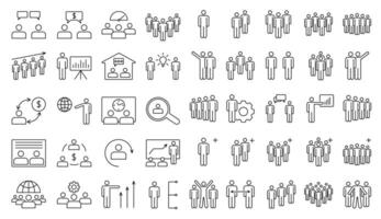 Line icons showing business teamwork, communication and leadership, HRb and collaboration concepts. Visual metaphors for corporate concepts for digital platforms, apps, web UI. illustration vector